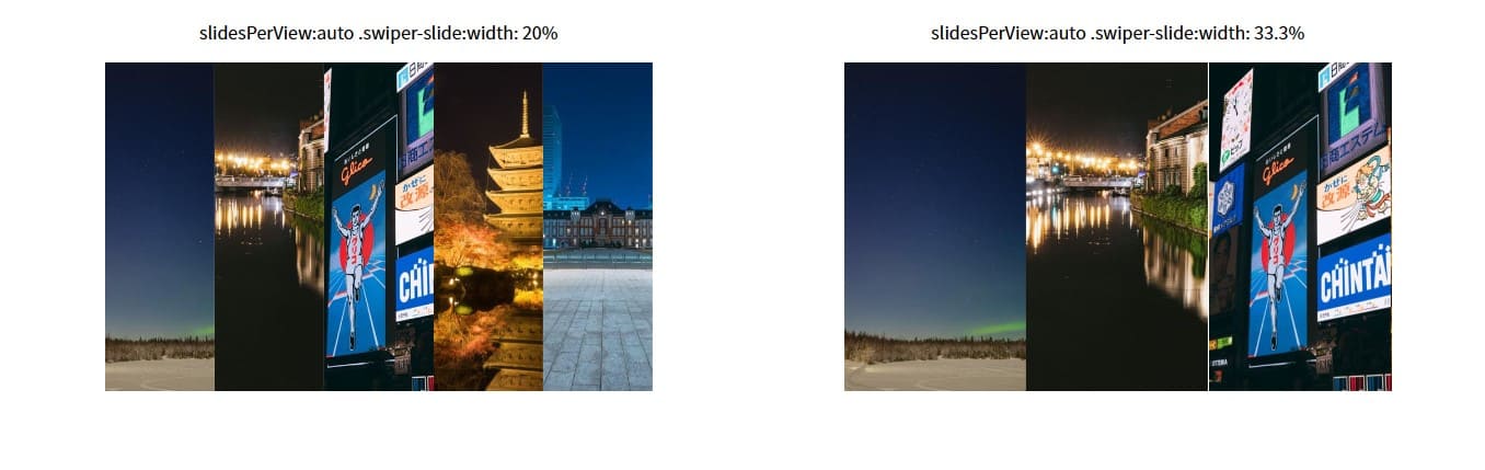 slidesPerView:'auto'で「.swiper-slide」のwidthが20%と33.3%のときの比較