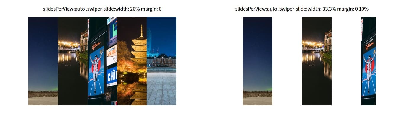 slidesPerView:'auto'で「.swiper-slide」のwidthが20%で余白0のときと左右に10%ついているときの比較